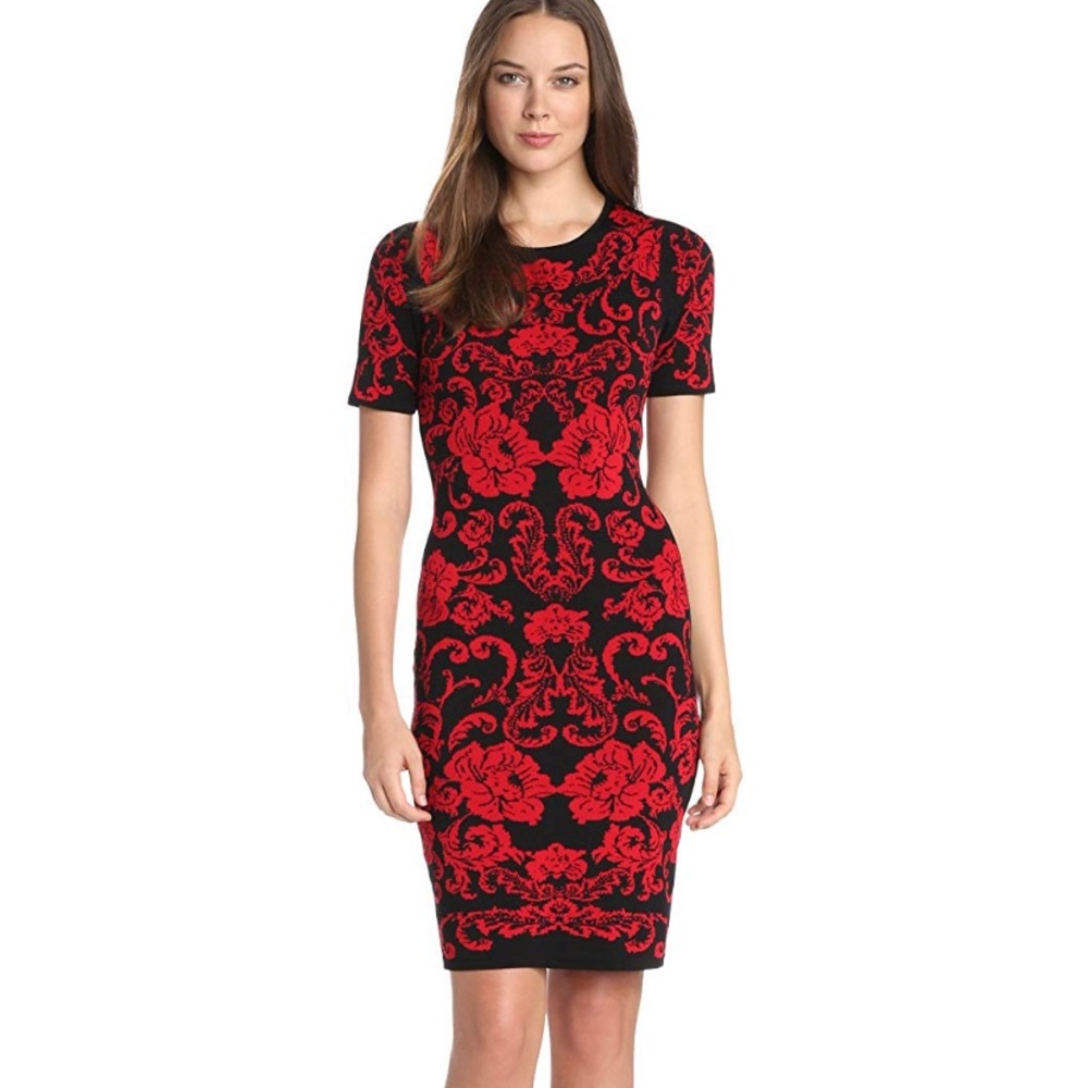 Intricate Black & Red Midi Cocktail Dress